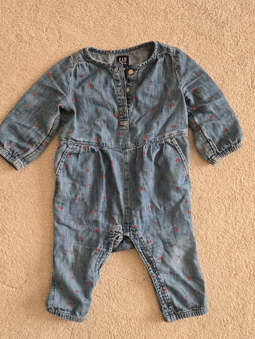GAP Blue Denim Cherry Print Romper, Size 6-12M